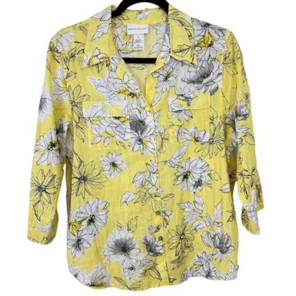 Alfred Dunner Women's SZ S Yellow White Floral Button Down Gold Silver Threads